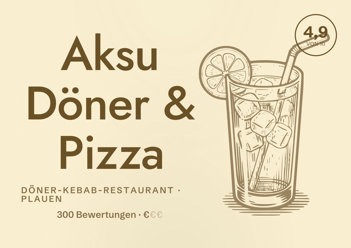 Illustriertes Poster von Aksu Döner & Pizza, Döner-Kebab-Restaurant in Plauen: Bewertung 4,9 von 10 aus 300 Bewertungen, Preisniveau €