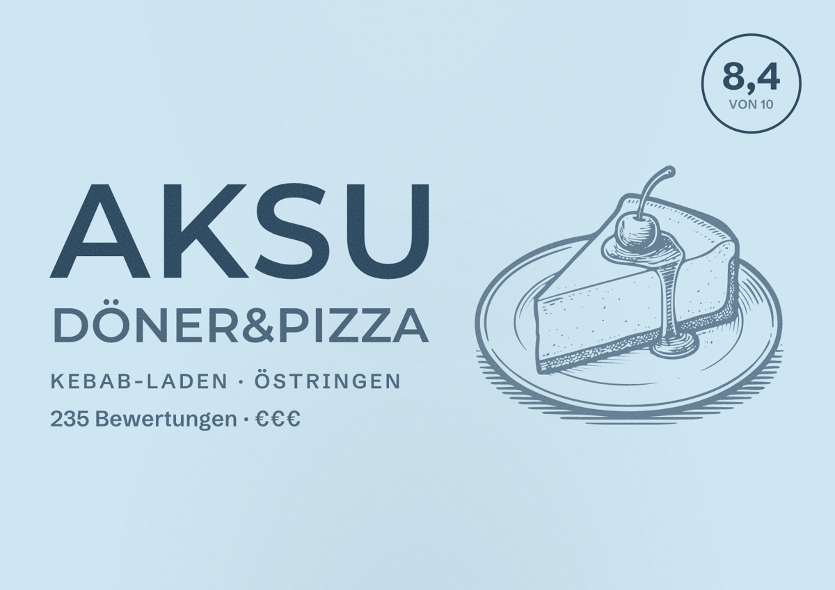 Illustriertes Poster von Aksu Döner&Pizza, Kebab-Laden in Östringen: Bewertung 8,4 von 10 aus 235 Bewertungen, Preisniveau €€€