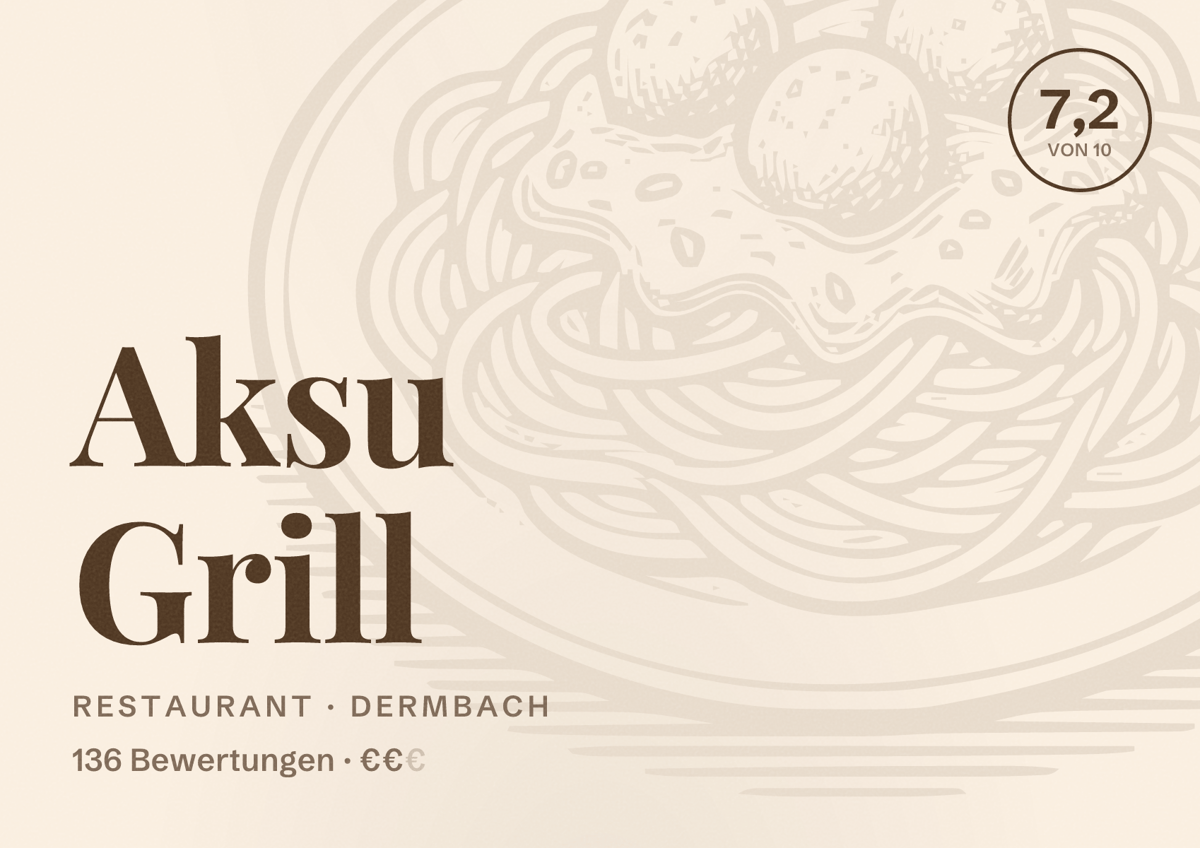 Illustriertes Poster von Aksu Grill, Restaurant in Dermbach: Bewertung 7,2 von 10 aus 136 Bewertungen, Preisniveau €€