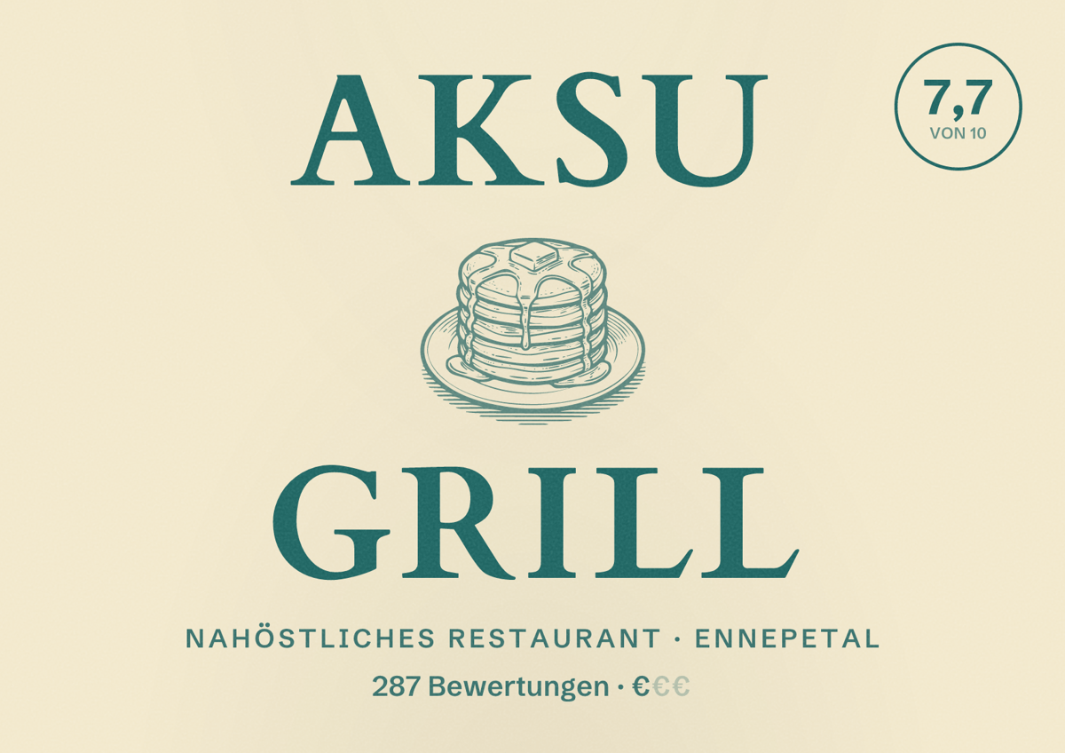 Illustriertes Poster von Aksu Grill, Nahöstliches Restaurant in Ennepetal: Bewertung 7,7 von 10 aus 287 Bewertungen, Preisniveau €