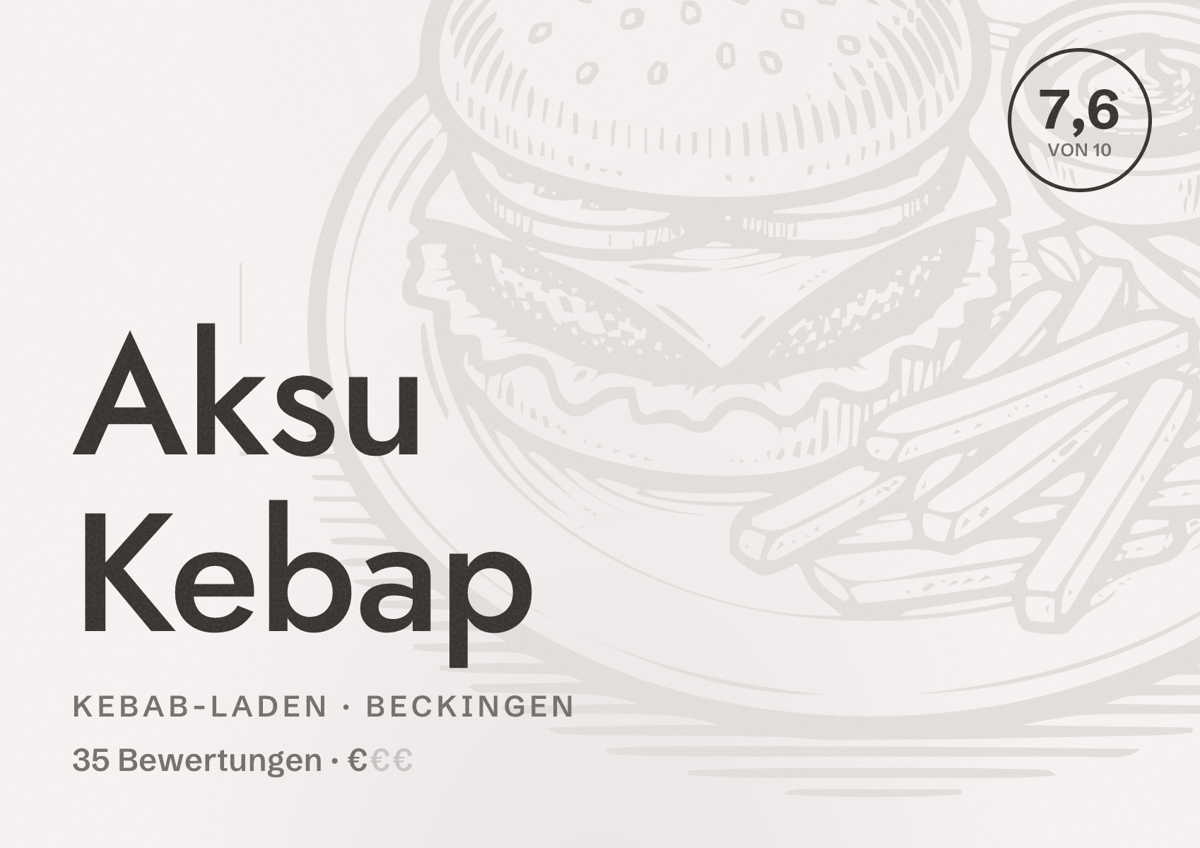Illustriertes Poster von Aksu Kebap, Kebab-Laden in Beckingen: Bewertung 7,6 von 10 aus 35 Bewertungen, Preisniveau €