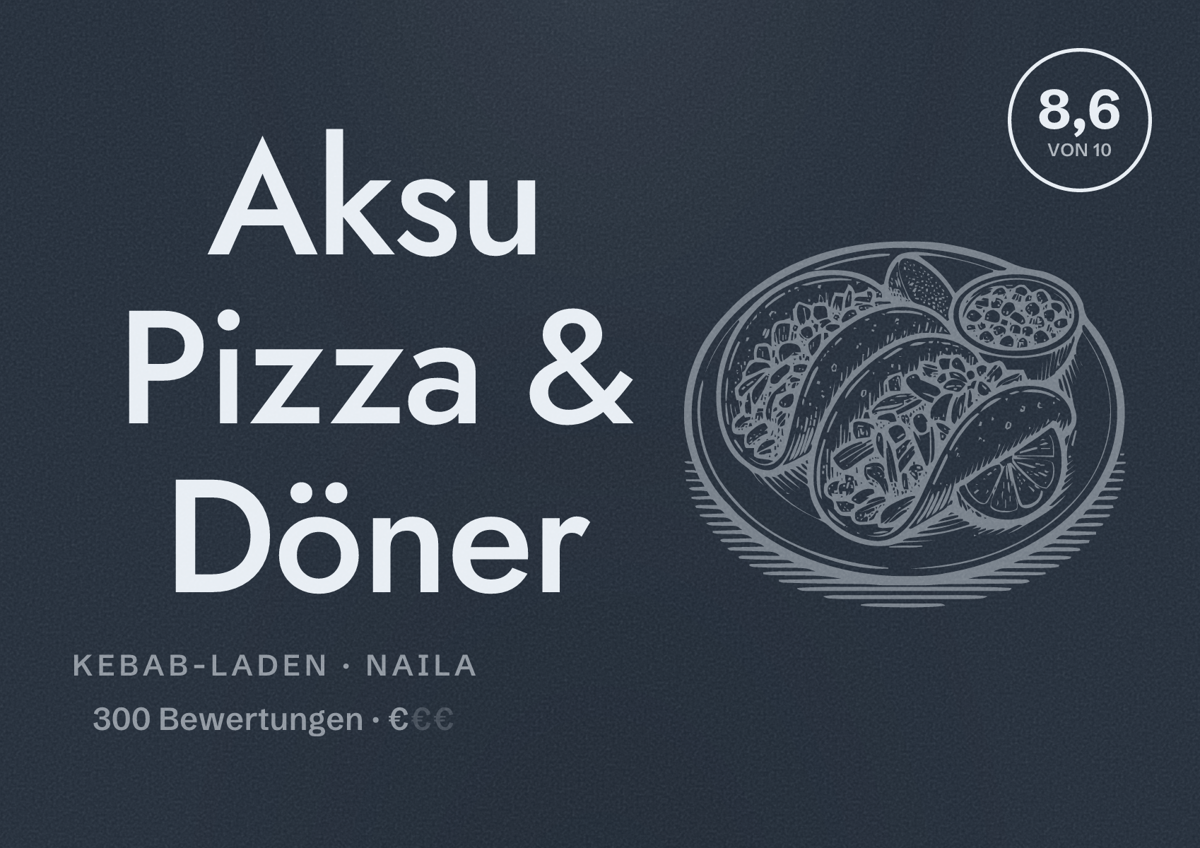 Illustriertes Poster von Aksu Pizza & Döner, Kebab-Laden in Naila: Bewertung 8,6 von 10 aus 300 Bewertungen, Preisniveau €