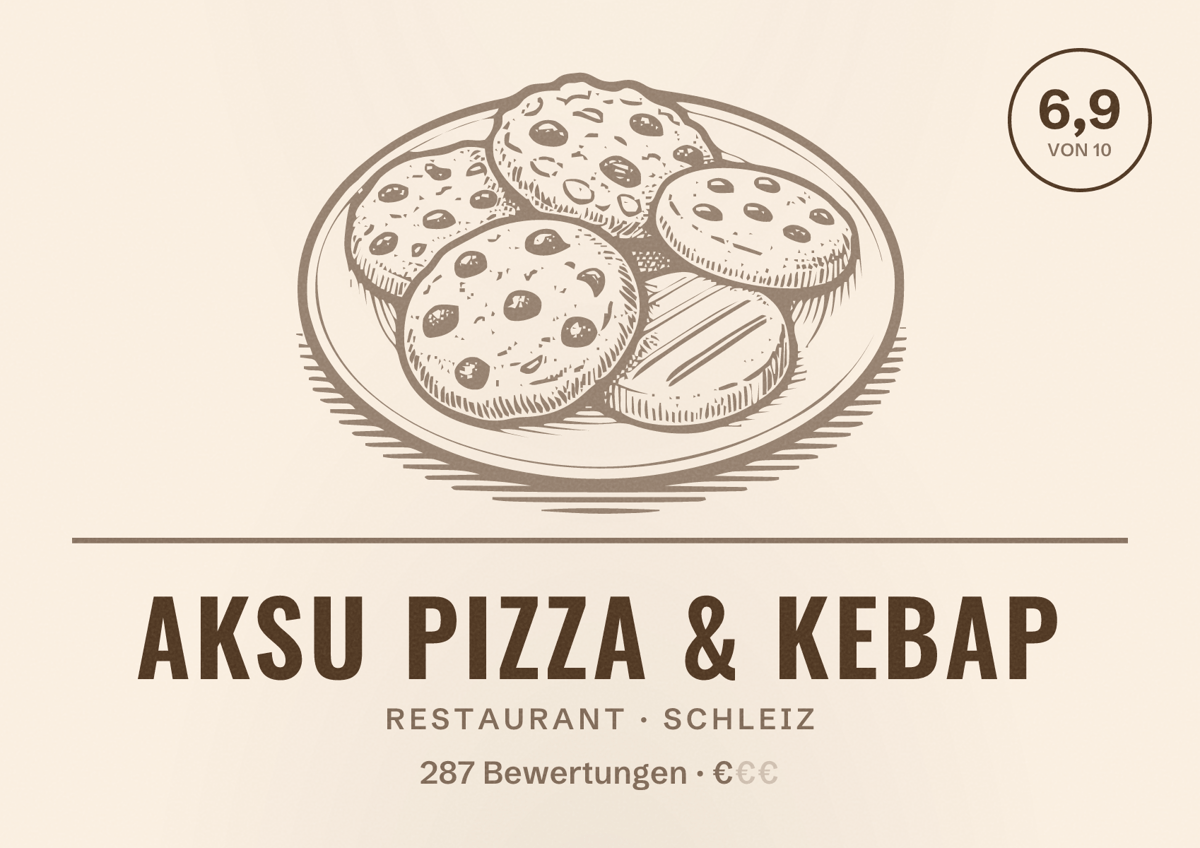 Illustriertes Poster von Aksu Pizza & Kebap, Restaurant in Schleiz: Bewertung 6,9 von 10 aus 287 Bewertungen, Preisniveau €