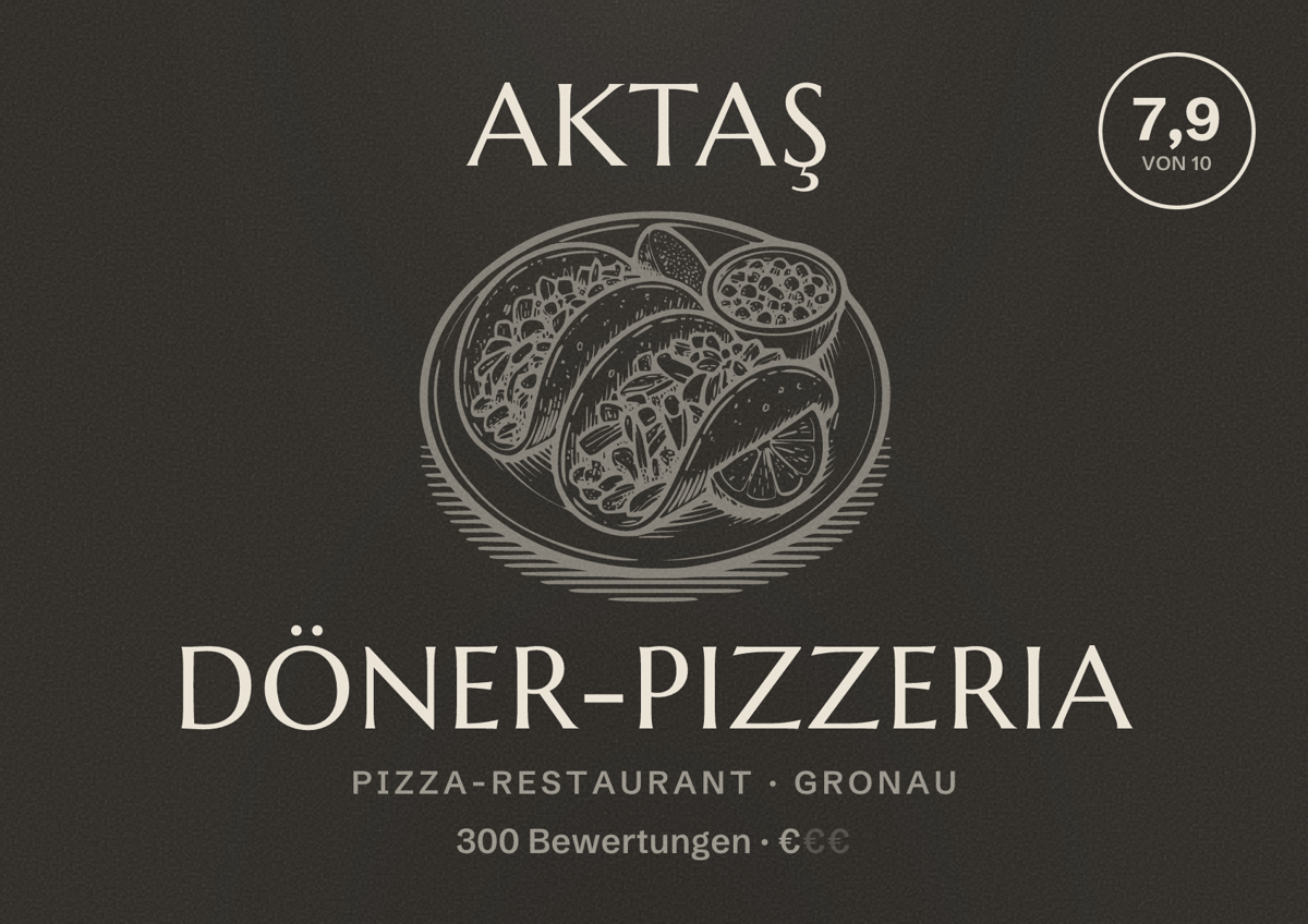 Illustriertes Poster von Aktaş Döner-Pizzeria, Pizza-Restaurant in Gronau: Bewertung 7,9 von 10 aus 300 Bewertungen, Preisniveau €