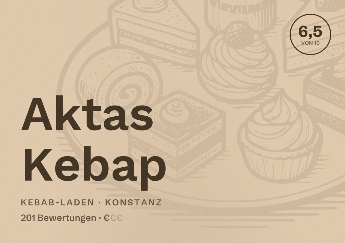 Illustriertes Poster von Aktas Kebap, Kebab-Laden in Konstanz: Bewertung 6,5 von 10 aus 201 Bewertungen, Preisniveau €