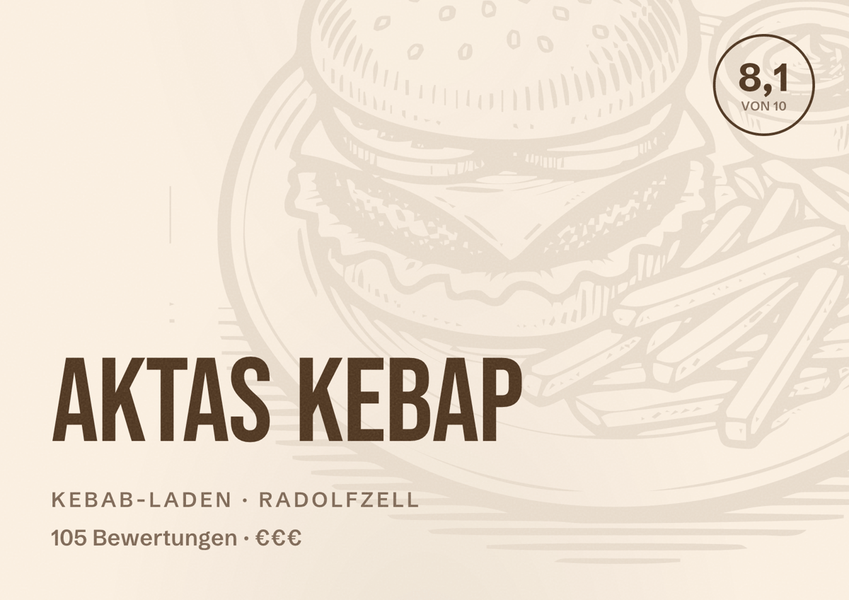 Illustriertes Poster von Aktas Kebap, Kebab-Laden in Radolfzell: Bewertung 8,1 von 10 aus 105 Bewertungen, Preisniveau €€€