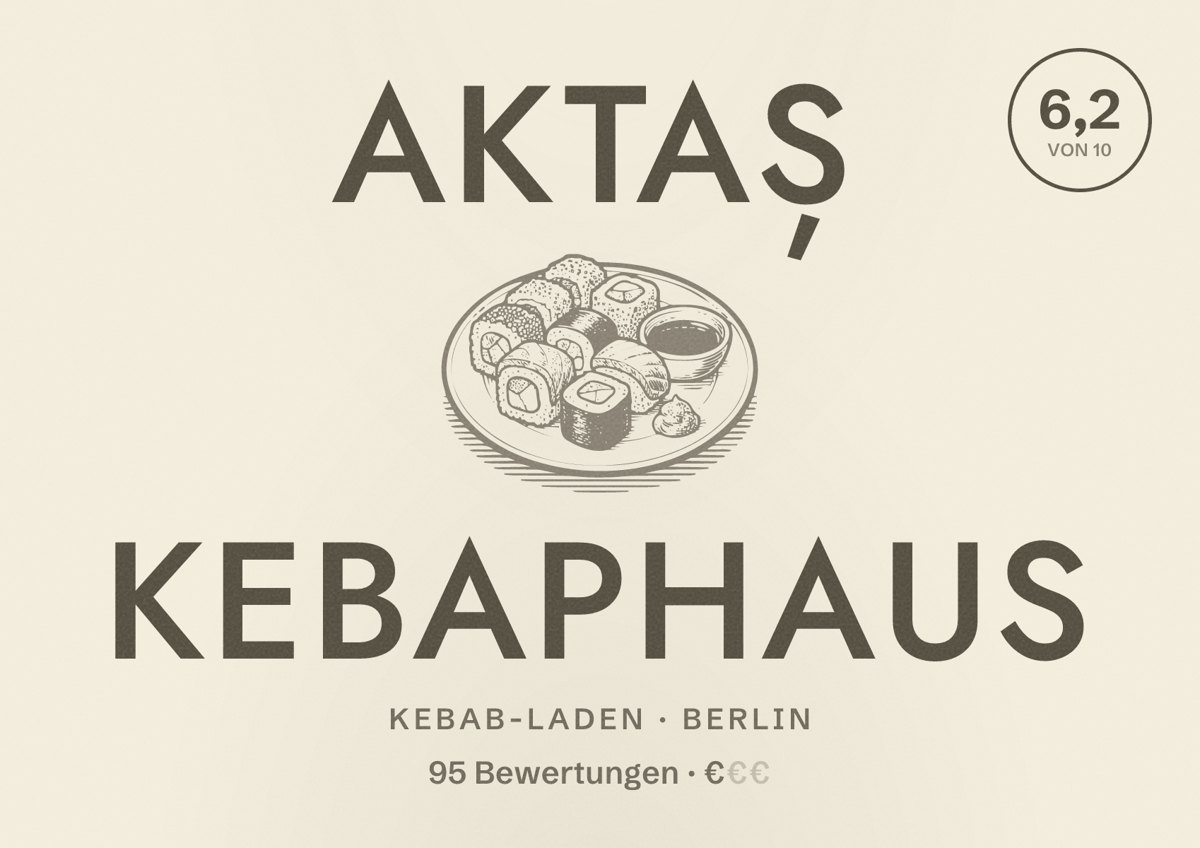Illustriertes Poster von Aktaș Kebaphaus, Kebab-Laden in Berlin: Bewertung 6,2 von 10 aus 95 Bewertungen, Preisniveau €