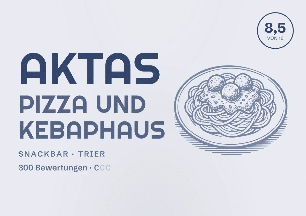 Illustriertes Poster von Aktas Pizza und Kebaphaus, Snackbar in Trier: Bewertung 8,5 von 10 aus 300 Bewertungen, Preisniveau €
