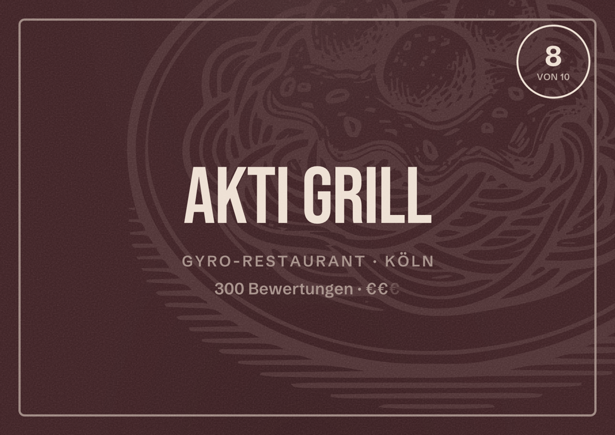 Illustriertes Poster von Akti Grill, Gyro-Restaurant in Köln: Bewertung 8,0 von 10 aus 300 Bewertungen, Preisniveau €€