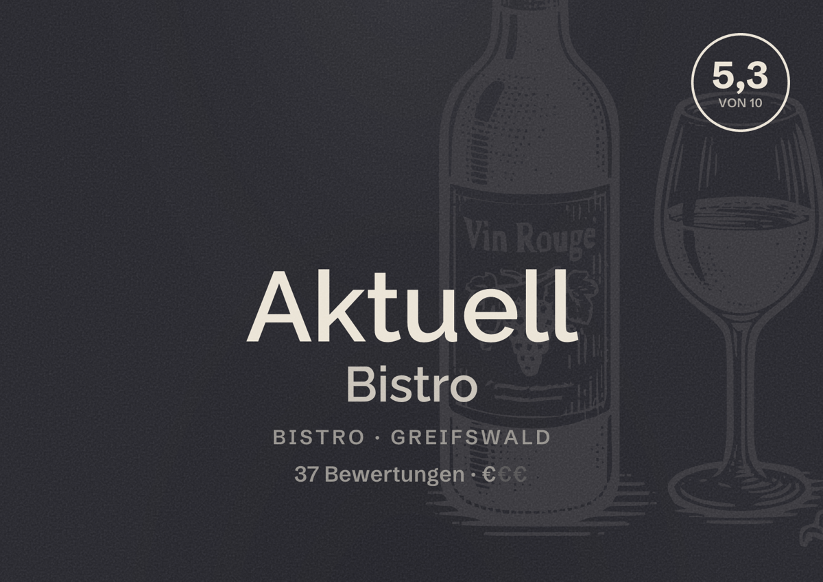 Illustriertes Poster von Aktuell Bistro, Bistro in Greifswald: Bewertung 5,3 von 10 aus 37 Bewertungen, Preisniveau €