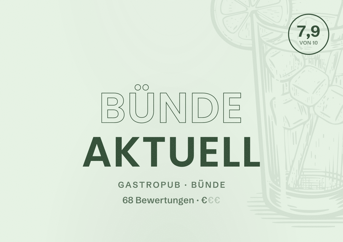 Illustriertes Poster von Bünde Aktuell, Gastropub in Bünde: Bewertung 7,9 von 10 aus 68 Bewertungen, Preisniveau €