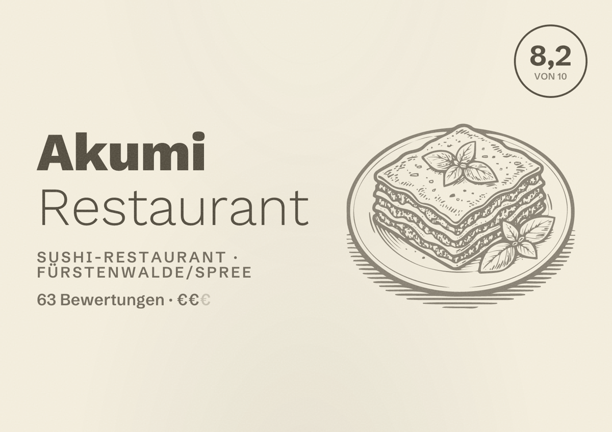 Illustriertes Poster von Akumi Restaurant, Sushi-Restaurant in Fürstenwalde/Spree: Bewertung 8,2 von 10 aus 63 Bewertungen, Preisniveau €€
