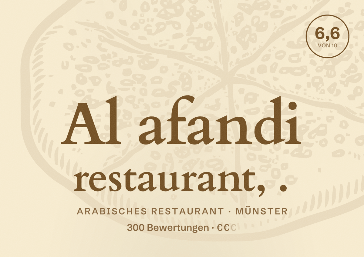 Illustriertes Poster von Al afandi restaurant, ., Arabisches Restaurant in Münster: Bewertung 6,6 von 10 aus 300 Bewertungen, Preisniveau €€