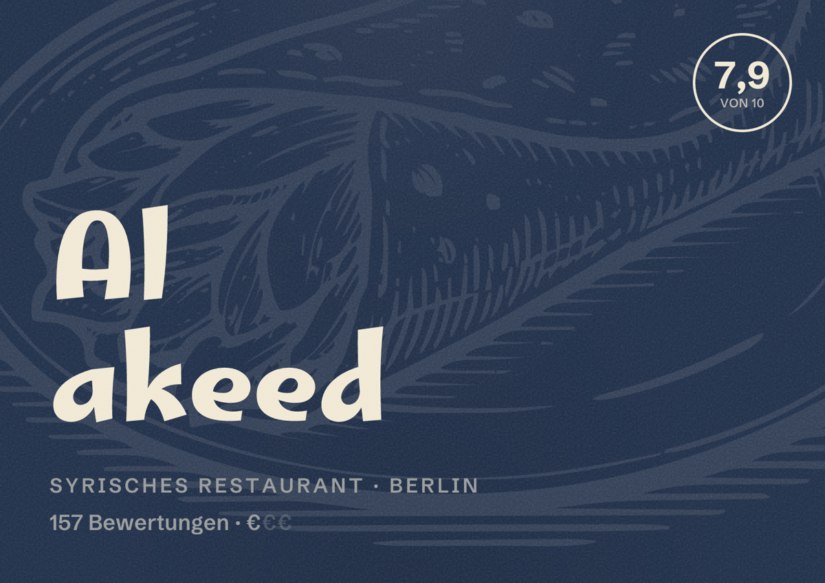 Illustriertes Poster von Al akeed, Syrisches Restaurant in Berlin: Bewertung 7,9 von 10 aus 157 Bewertungen, Preisniveau €