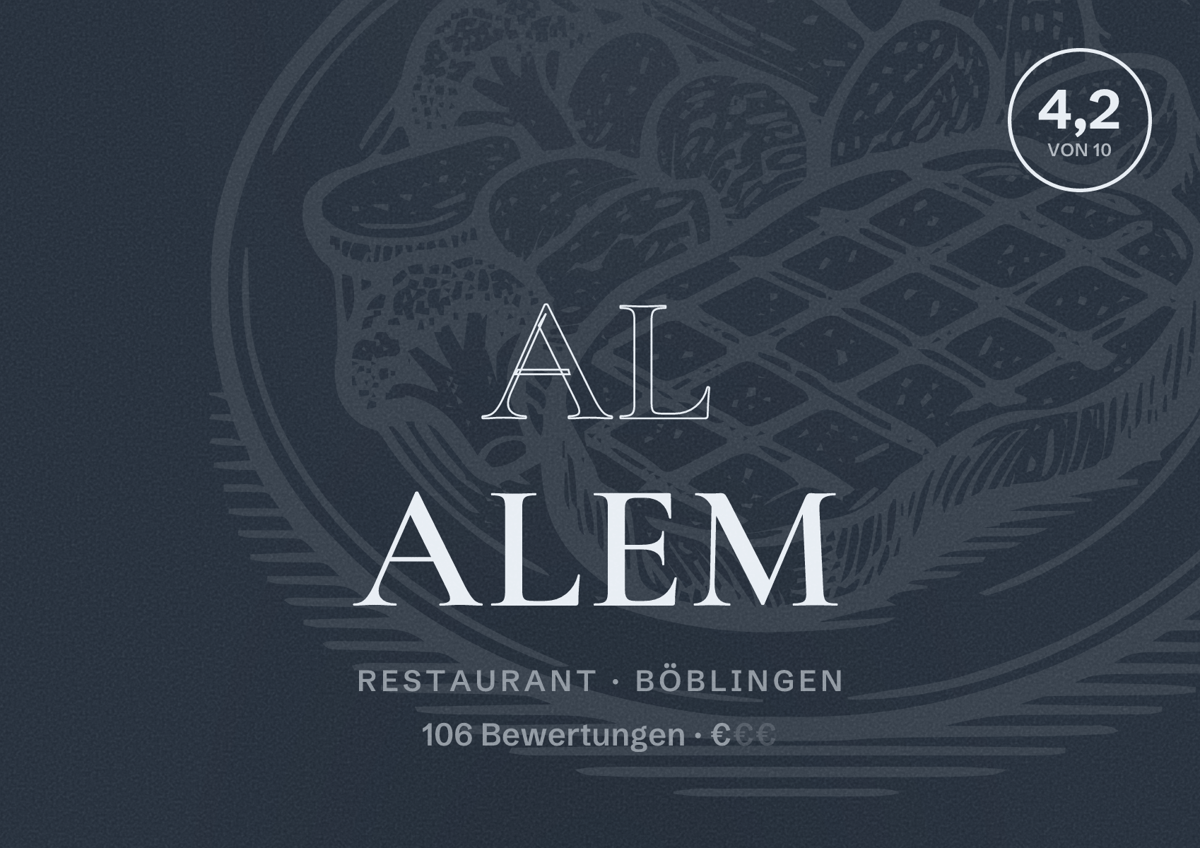 Illustriertes Poster von Al Alem, Restaurant in Böblingen: Bewertung 4,2 von 10 aus 106 Bewertungen, Preisniveau €