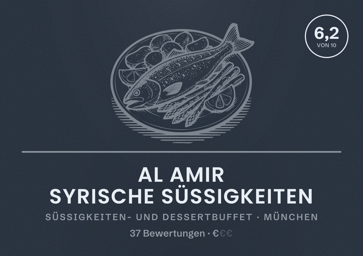 Illustriertes Poster von Al Amir Syrische Süssigkeiten, Süßigkeiten- und Dessertbuffet in München: Bewertung 6,2 von 10 aus 37 Bewertungen, Preisniveau €