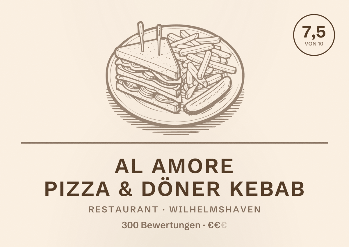 Illustriertes Poster von Al Amore Pizza & Döner Kebab, Restaurant in Wilhelmshaven: Bewertung 7,5 von 10 aus 300 Bewertungen, Preisniveau €€