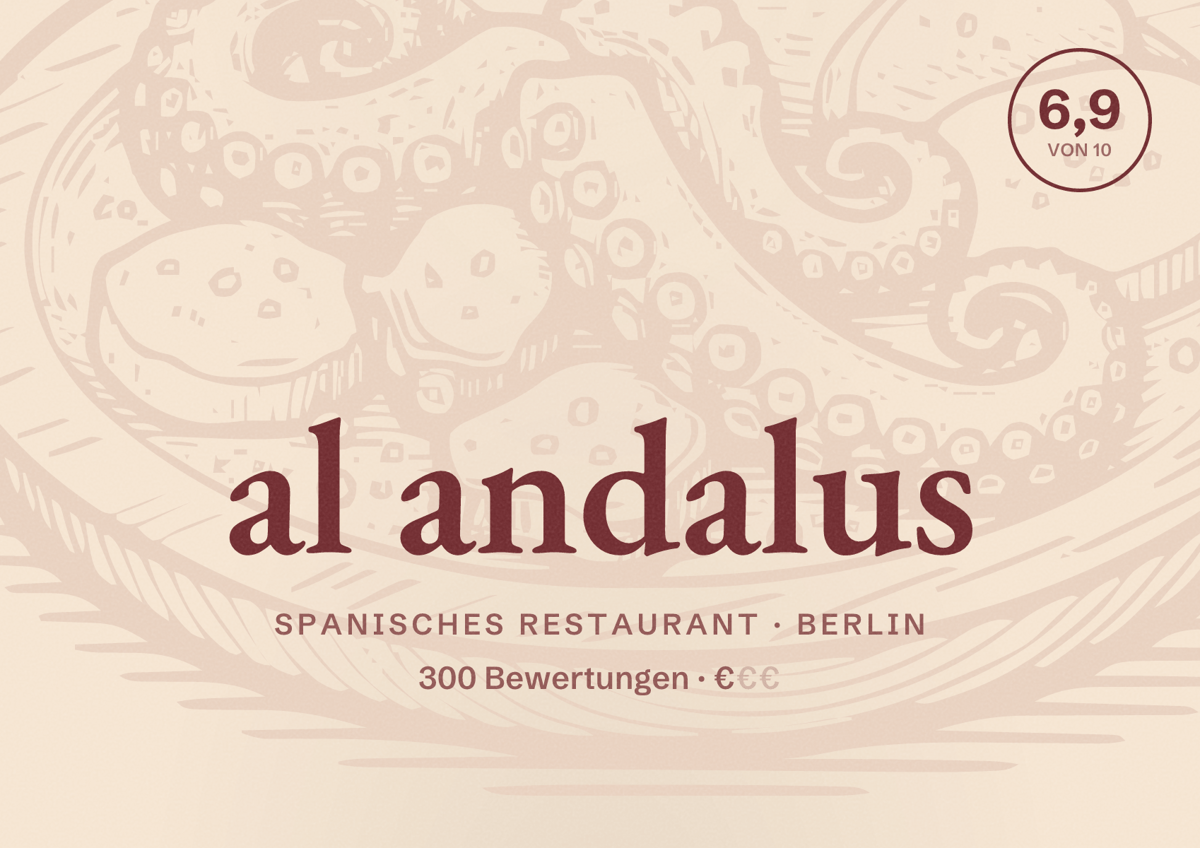 Illustriertes Poster von al andalus, Spanisches Restaurant in Berlin: Bewertung 6,9 von 10 aus 300 Bewertungen, Preisniveau €