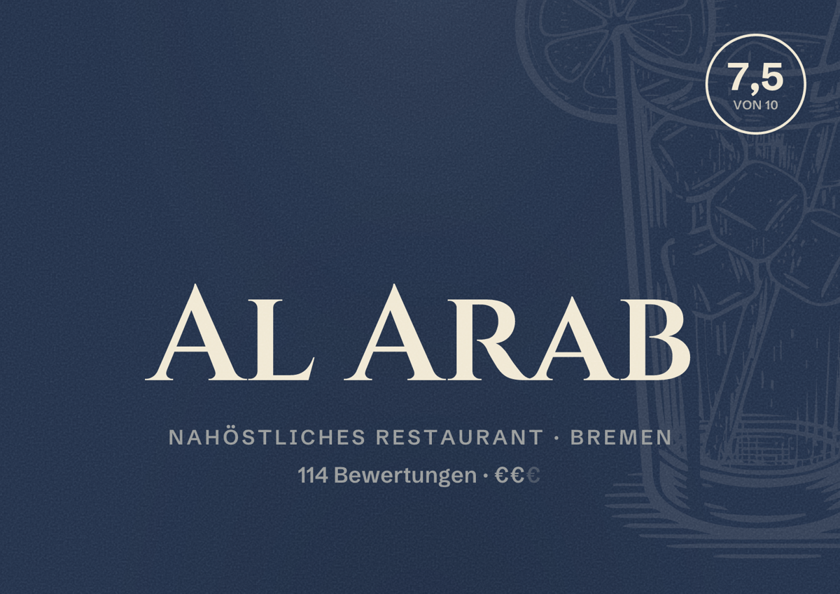 Illustriertes Poster von Al Arab, Nahöstliches Restaurant in Bremen: Bewertung 7,5 von 10 aus 114 Bewertungen, Preisniveau €€