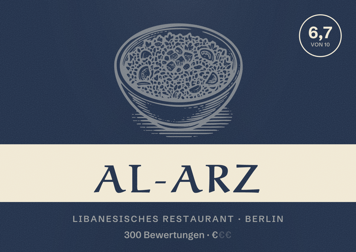 Illustriertes Poster von Al-Arz, Libanesisches Restaurant in Berlin: Bewertung 6,7 von 10 aus 300 Bewertungen, Preisniveau €
