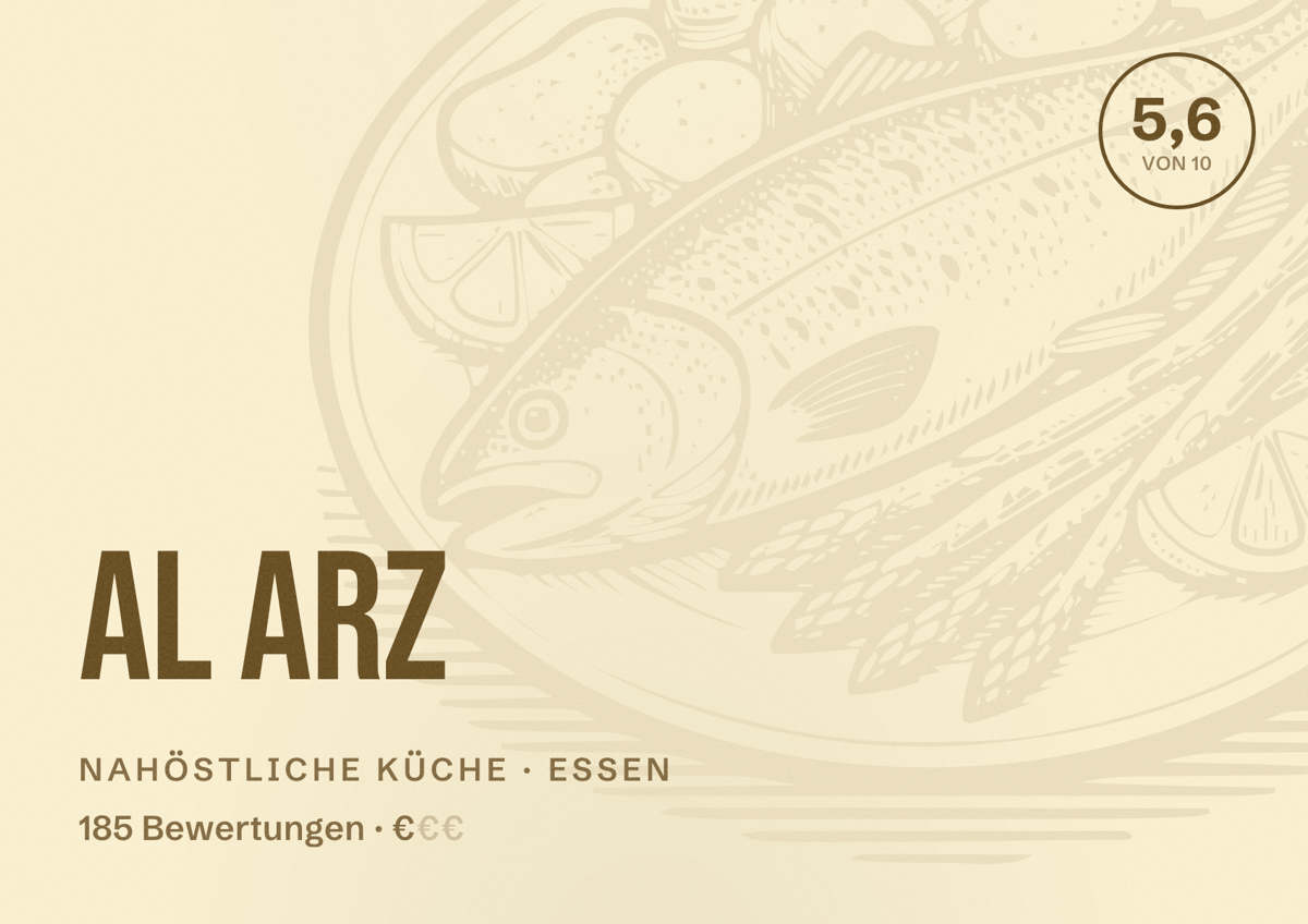 Illustriertes Poster von Al Arz, Nahöstliche Küche in Essen: Bewertung 5,6 von 10 aus 185 Bewertungen, Preisniveau €