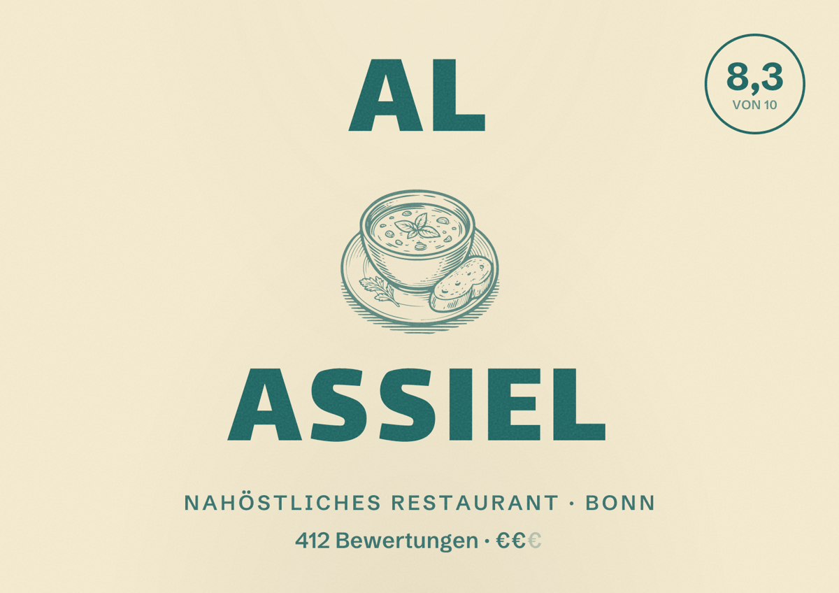 Illustriertes Poster von Al Assiel, Nahöstliches Restaurant in Bonn: Bewertung 8,3 von 10 aus 412 Bewertungen, Preisniveau €€