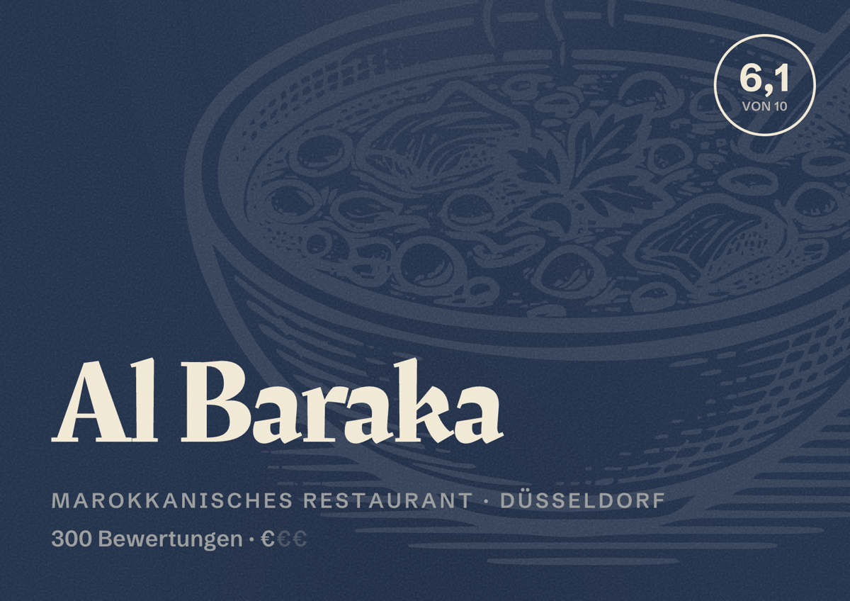 Illustriertes Poster von Al Baraka, Marokkanisches Restaurant in Düsseldorf: Bewertung 6,1 von 10 aus 300 Bewertungen, Preisniveau €