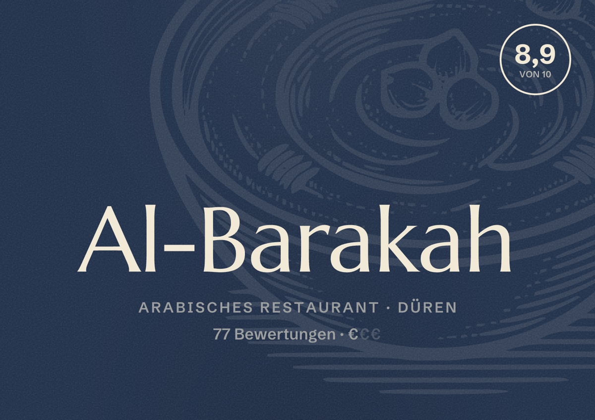 Illustriertes Poster von Al-Barakah, Arabisches Restaurant in Düren: Bewertung 8,9 von 10 aus 77 Bewertungen, Preisniveau €