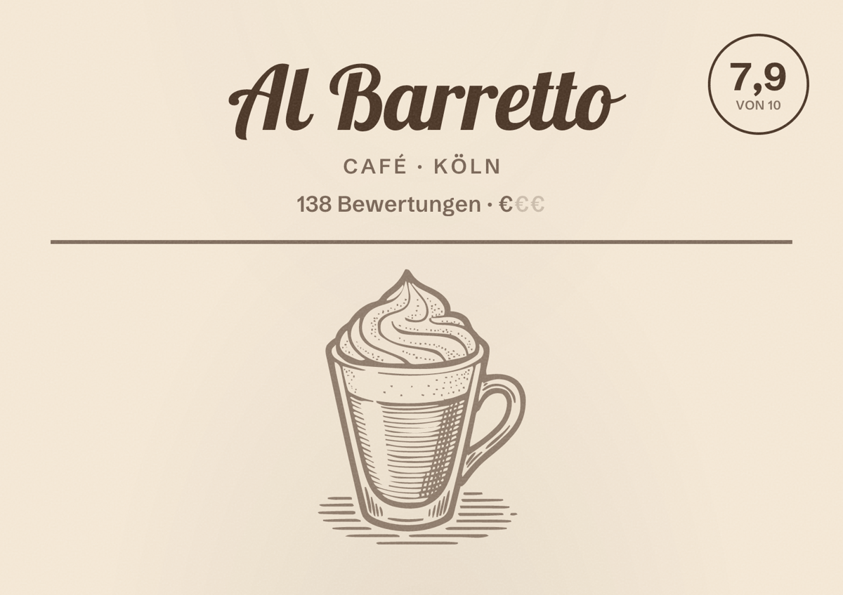 Illustriertes Poster von Al Barretto, Café in Köln: Bewertung 7,9 von 10 aus 138 Bewertungen, Preisniveau €