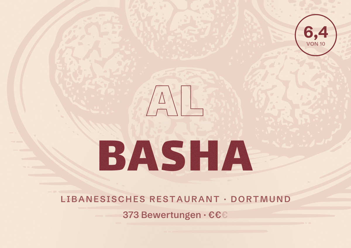 Illustriertes Poster von Al Basha, Libanesisches Restaurant in Dortmund: Gästebewertung 6,4 von 10 aus 373 Bewertungen
