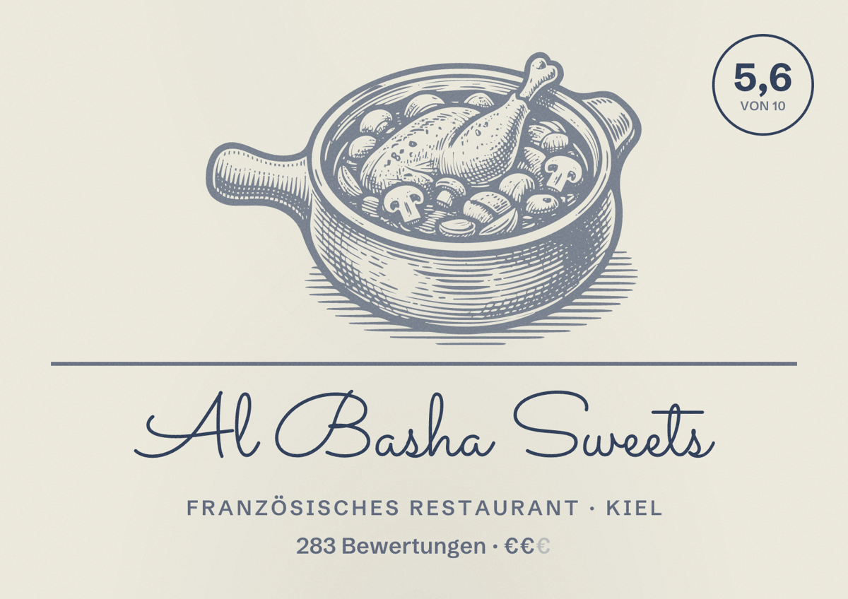 Illustriertes Poster von Al Basha Sweets, Französisches Restaurant in Kiel: Bewertung 5,6 von 10 aus 283 Bewertungen, Preisniveau €€