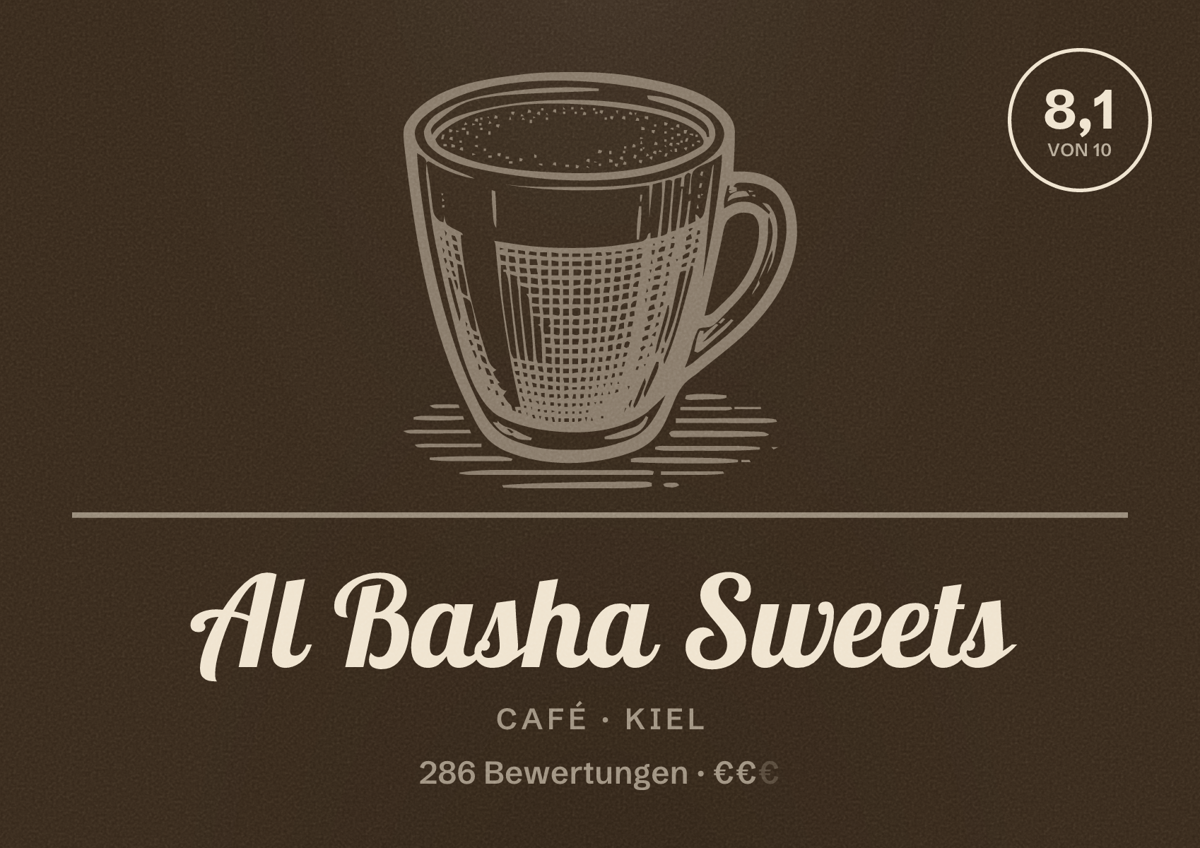 Illustriertes Poster von Al Basha Sweets, Café in Kiel: Bewertung 8,1 von 10 aus 286 Bewertungen, Preisniveau €€