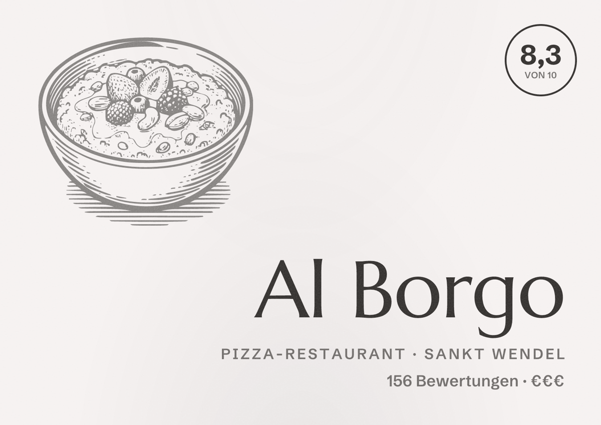 Illustriertes Poster von Al Borgo, Pizza-Restaurant in Sankt Wendel: Bewertung 8,3 von 10 aus 156 Bewertungen, Preisniveau €€€