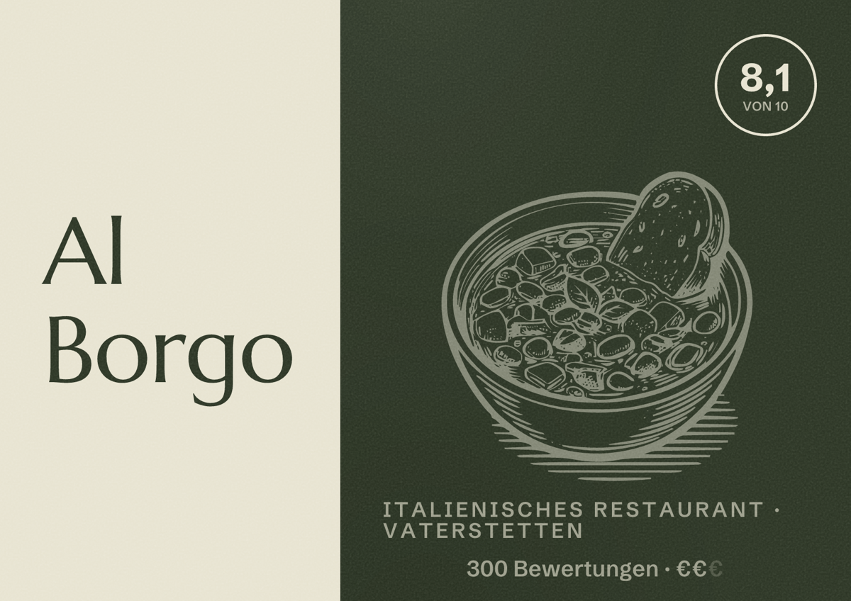 Illustriertes Poster von Al Borgo, Italienisches Restaurant in Vaterstetten: Bewertung 8,1 von 10 aus 300 Bewertungen, Preisniveau €€