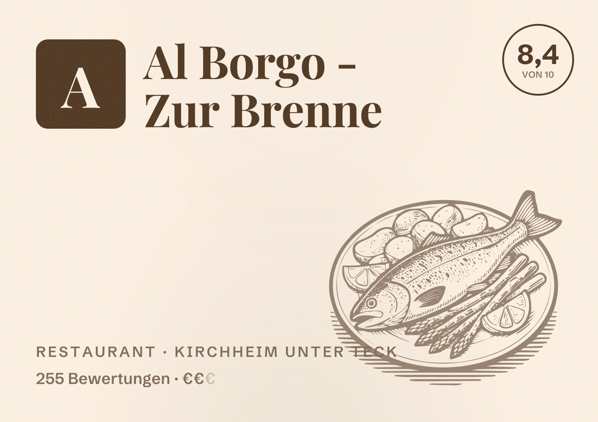 Illustriertes Poster von Al Borgo - Zur Brenne, Restaurant in Kirchheim unter Teck: Bewertung 8,4 von 10 aus 255 Bewertungen, Preisniveau €€