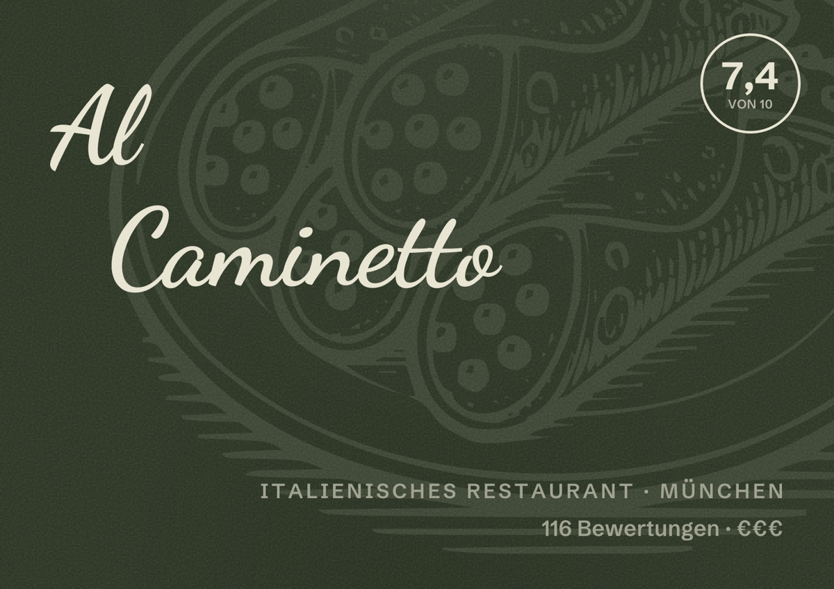 Illustriertes Poster von Al Caminetto, Italienisches Restaurant in München: Bewertung 7,4 von 10 aus 116 Bewertungen, Preisniveau €€€