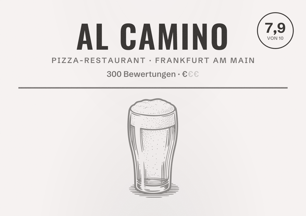 Illustriertes Poster von Al Camino, Pizza-Restaurant in Frankfurt am Main: Bewertung 7,9 von 10 aus 300 Bewertungen, Preisniveau €