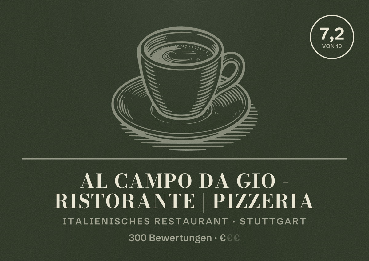 Illustriertes Poster von Al Campo da Gio - Ristorante | Pizzeria, Italienisches Restaurant in Stuttgart: Bewertung 7,2 von 10 aus 300 Bewertungen, Preisniveau €