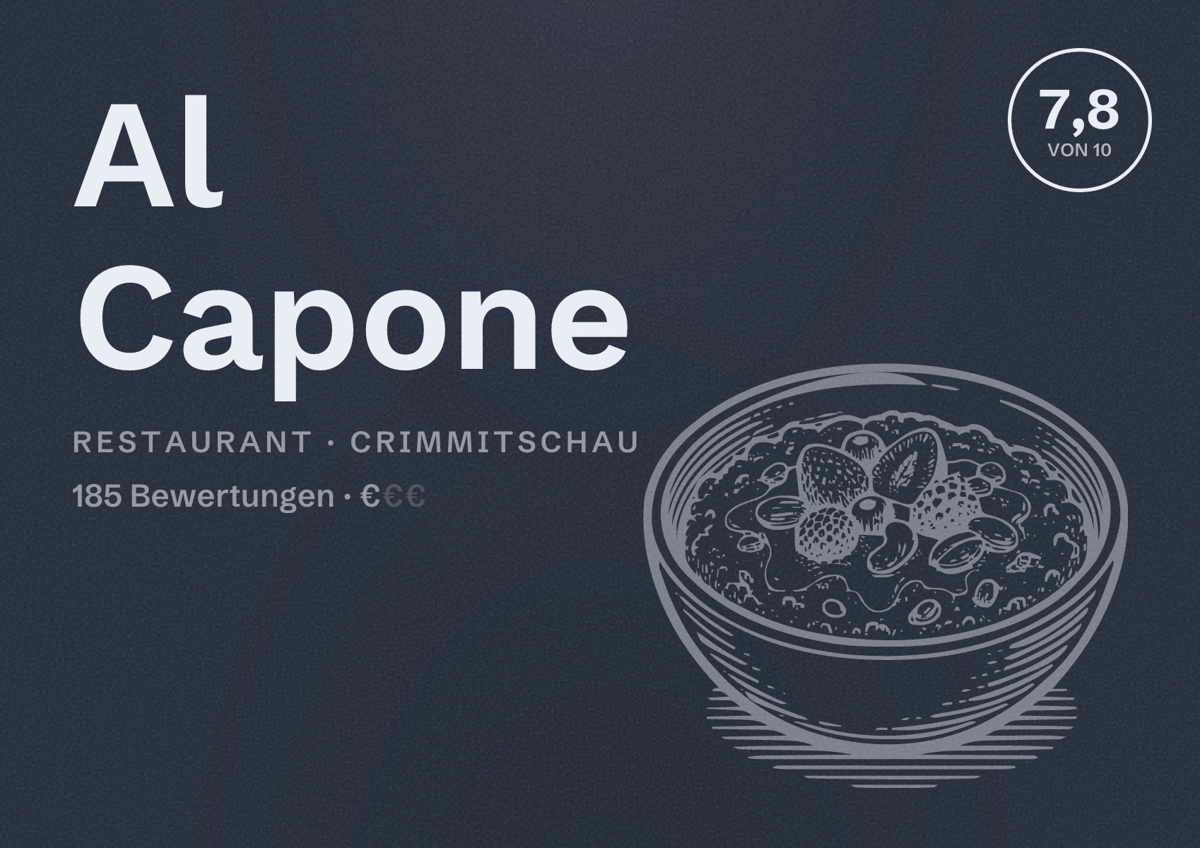 Illustriertes Poster von Al Capone, Restaurant in Crimmitschau: Bewertung 7,8 von 10 aus 185 Bewertungen, Preisniveau €