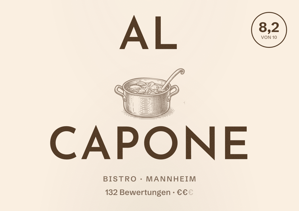 Illustriertes Poster von Al Capone, Bistro in Mannheim: Bewertung 8,2 von 10 aus 132 Bewertungen, Preisniveau €€