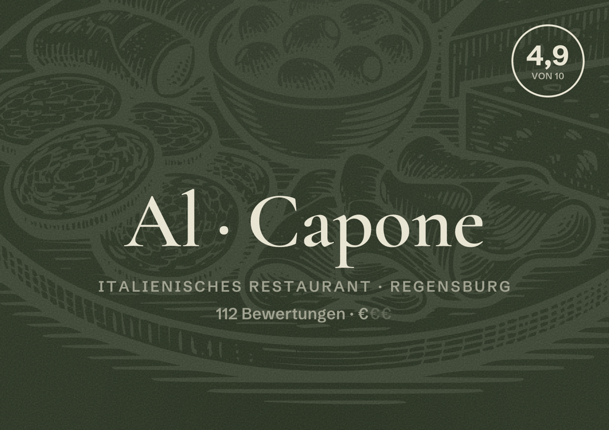 Illustriertes Poster von Al Capone, Italienisches Restaurant in Regensburg: Bewertung 4,9 von 10 aus 112 Bewertungen, Preisniveau €