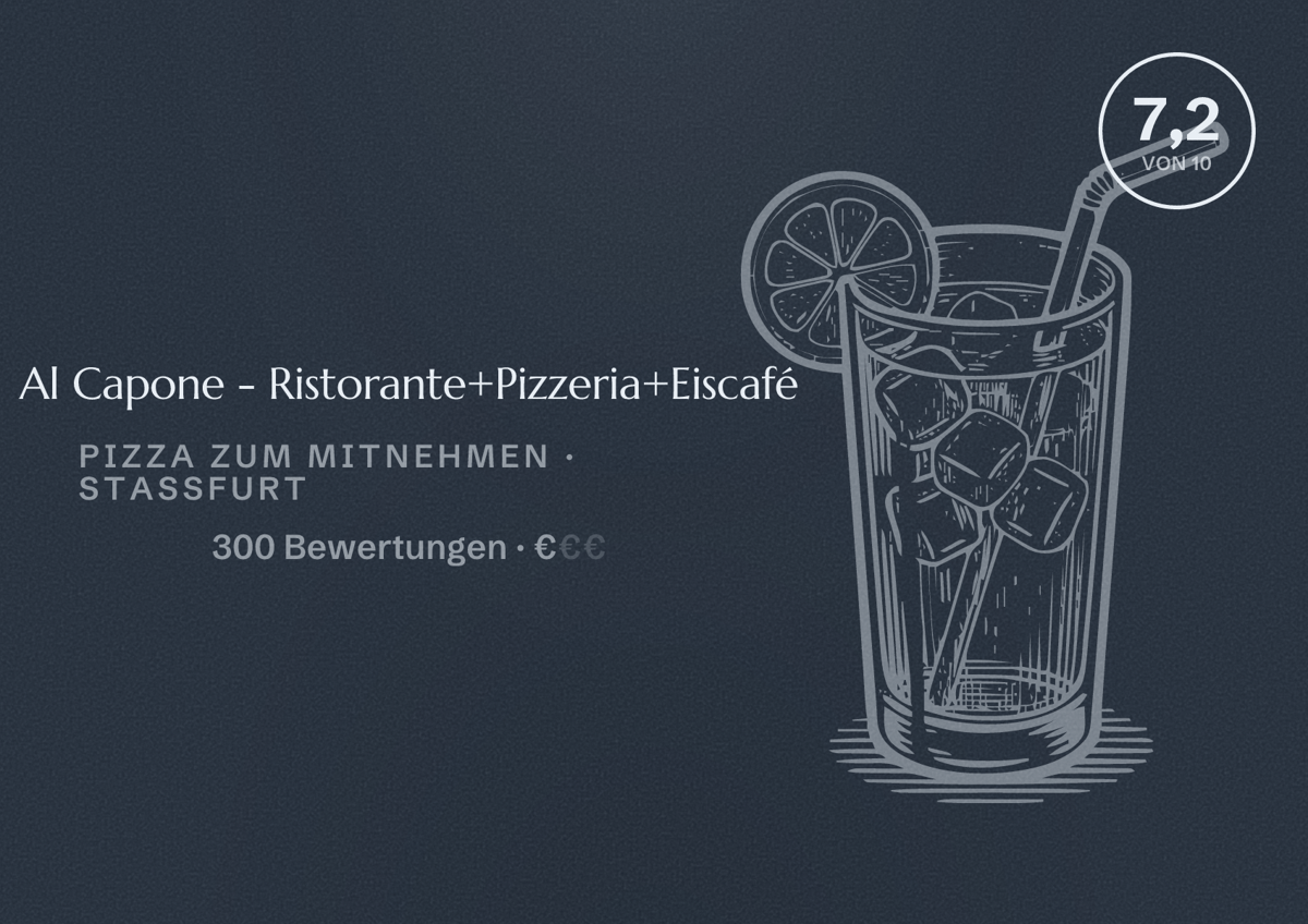 Illustriertes Poster von Al Capone - Ristorante+Pizzeria+Eiscafé, Pizza zum Mitnehmen in Staßfurt: Bewertung 7,2 von 10 aus 300 Bewertungen, Preisniveau €
