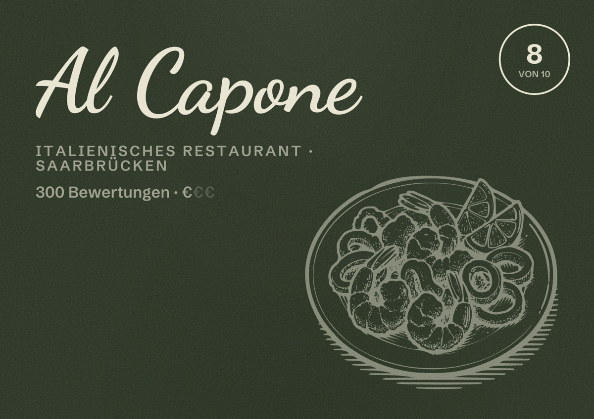 Illustriertes Poster von Al Capone, Italienisches Restaurant in Saarbrücken: Bewertung 8,0 von 10 aus 300 Bewertungen, Preisniveau €