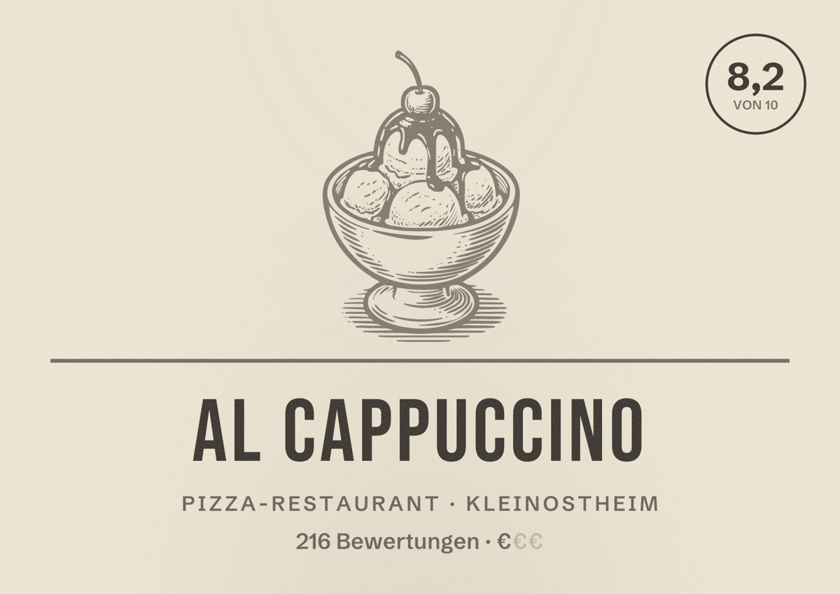 Illustriertes Poster von Al Cappuccino, Pizza-Restaurant in Kleinostheim: Bewertung 8,2 von 10 aus 216 Bewertungen, Preisniveau €