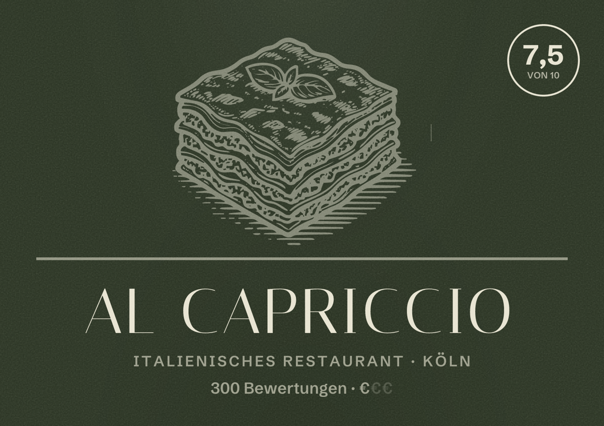 Illustriertes Poster von Al Capriccio, Italienisches Restaurant in Köln: Bewertung 7,5 von 10 aus 300 Bewertungen, Preisniveau €