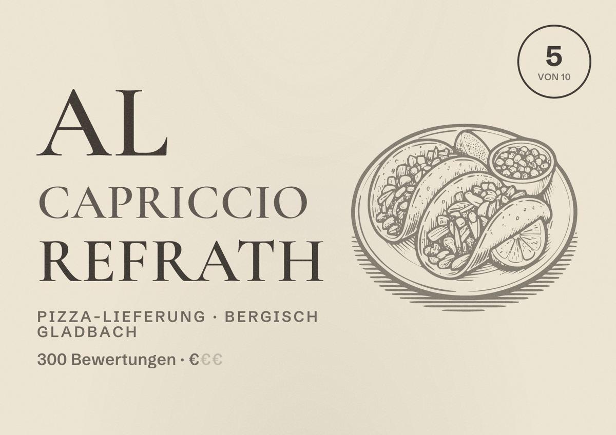 Illustriertes Poster von Al Capriccio Refrath, Pizza-Lieferung in Bergisch Gladbach: Bewertung 5 von 10 aus 300 Bewertungen, Preisniveau €