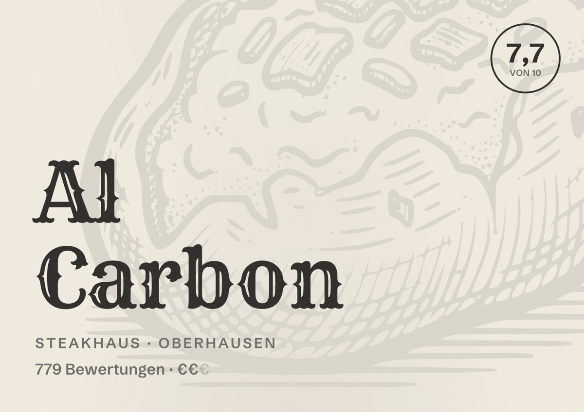 Illustriertes Poster von Al Carbon, Steakhaus in Oberhausen: Bewertung 7,7 von 10 aus 779 Bewertungen, Preisniveau €€