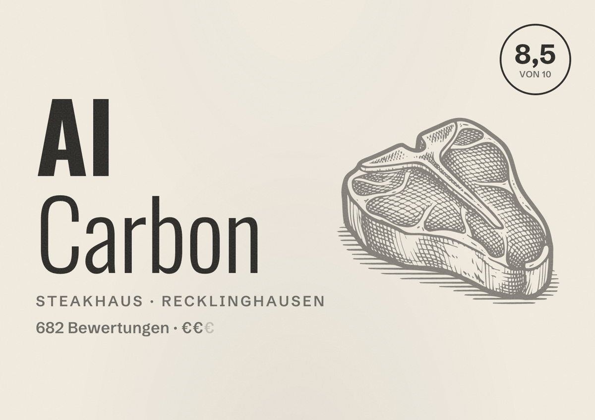 Illustriertes Poster von Al Carbon, Steakhaus in Recklinghausen: Bewertung 8,5 von 10 aus 682 Bewertungen, Preisniveau €€