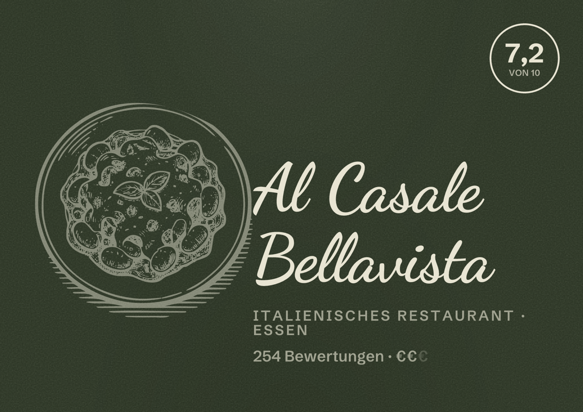 Illustriertes Poster von Al Casale Bellavista, Italienisches Restaurant in Essen: Bewertung 7,2 von 10 aus 254 Bewertungen, Preisniveau €€