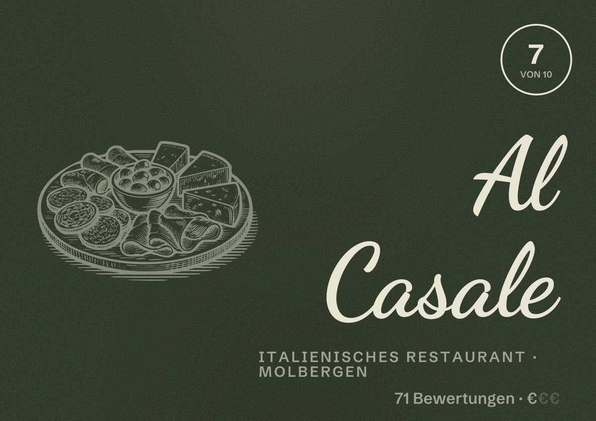 Illustriertes Poster von Al Casale, Italienisches Restaurant in Molbergen: Bewertung 7 von 10 aus 71 Bewertungen, Preisniveau €